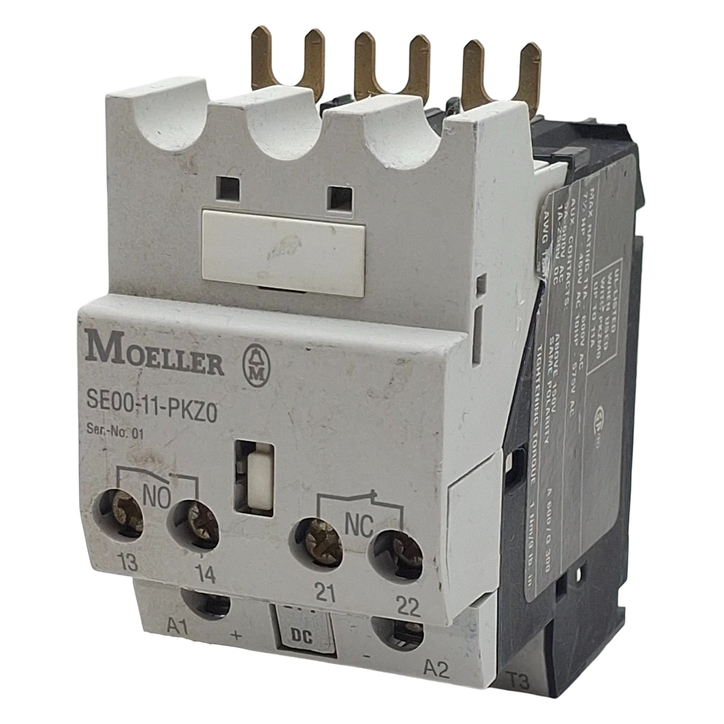 Used Moeller SE00-11-PKZ0 Contactor, 3-Pole 1NC 1NO, 11A 600VAC, 24VDC Coil