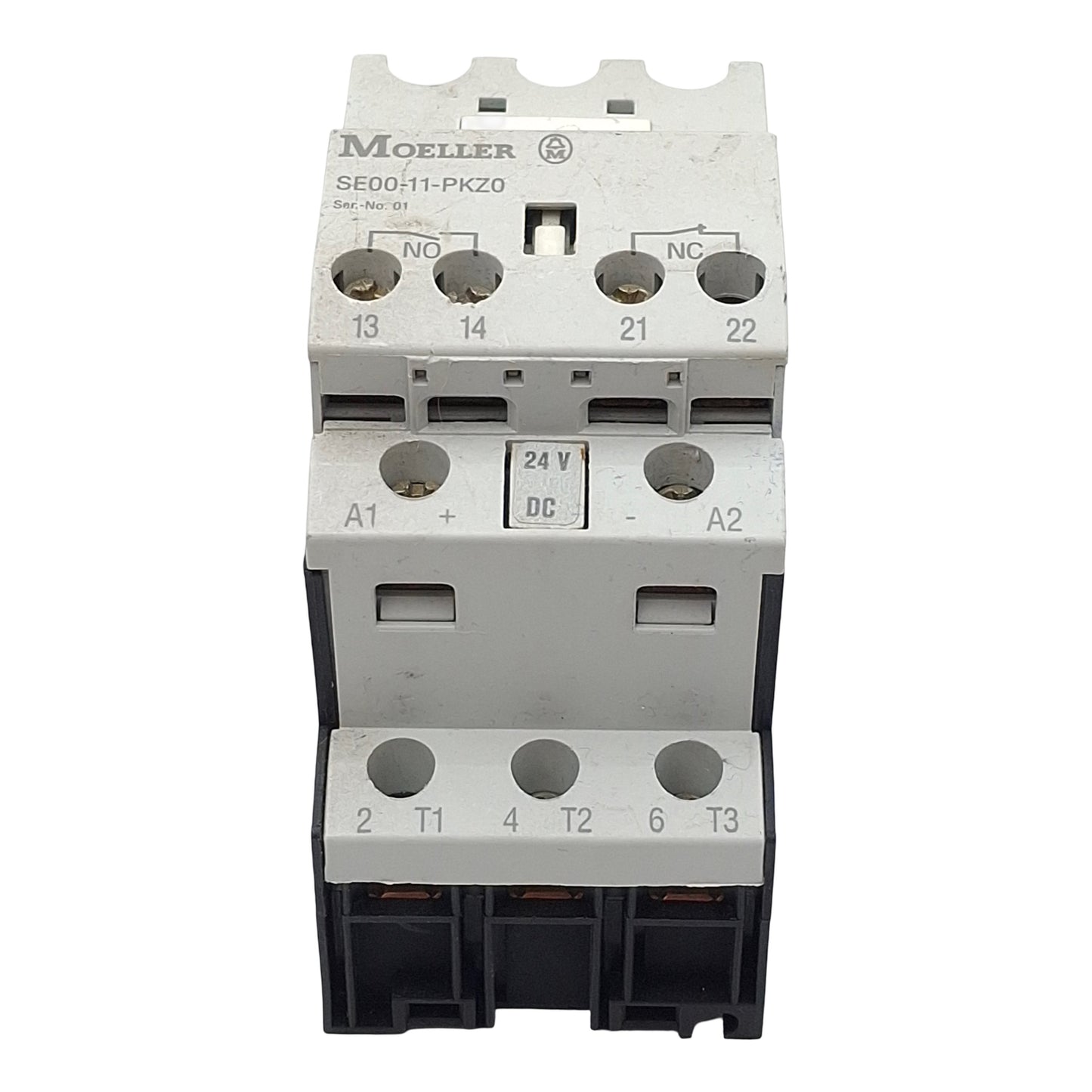 Used Moeller SE00-11-PKZ0 Contactor, 3-Pole 1NC 1NO, 11A 600VAC, 24VDC Coil