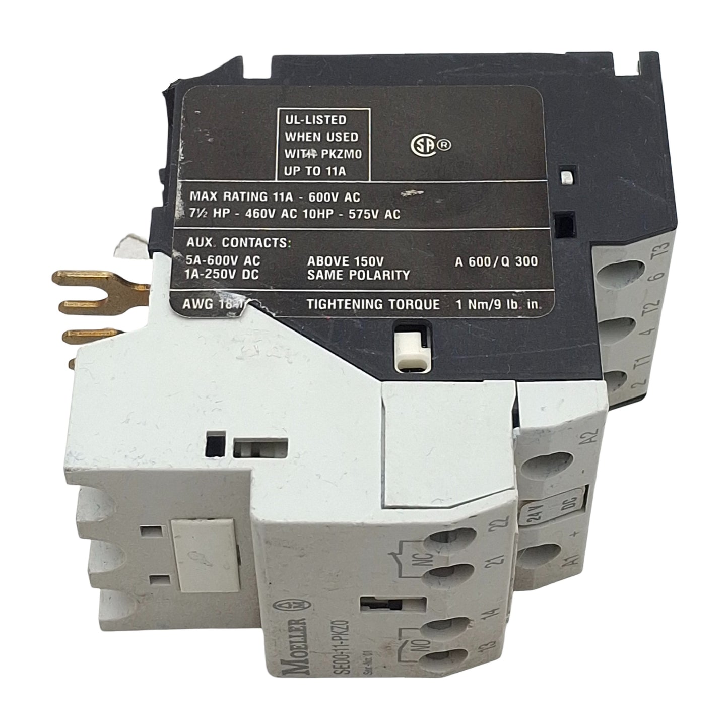 Used Moeller SE00-11-PKZ0 Contactor, 3-Pole 1NC 1NO, 11A 600VAC, 24VDC Coil
