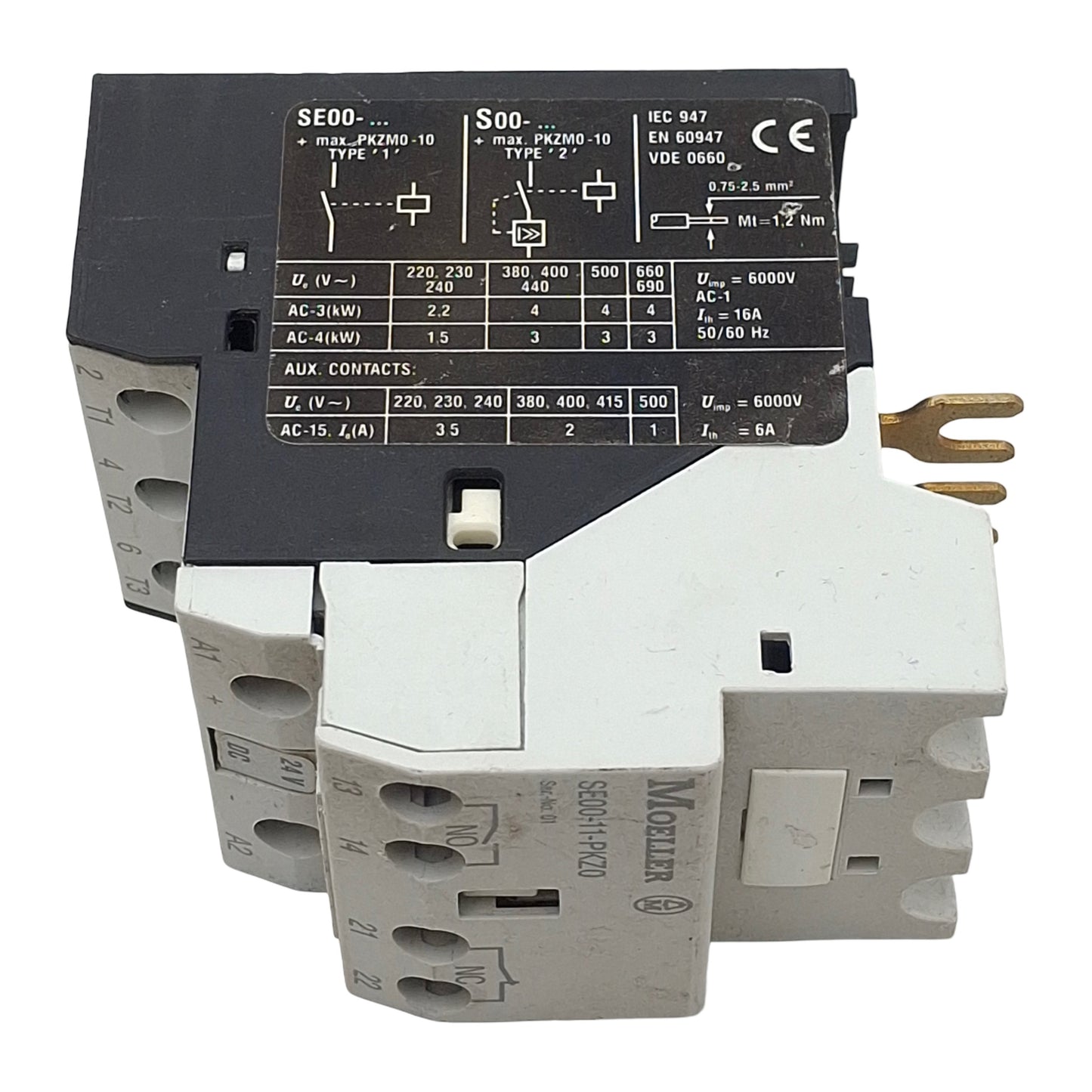 Used Moeller SE00-11-PKZ0 Contactor, 3-Pole 1NC 1NO, 11A 600VAC, 24VDC Coil