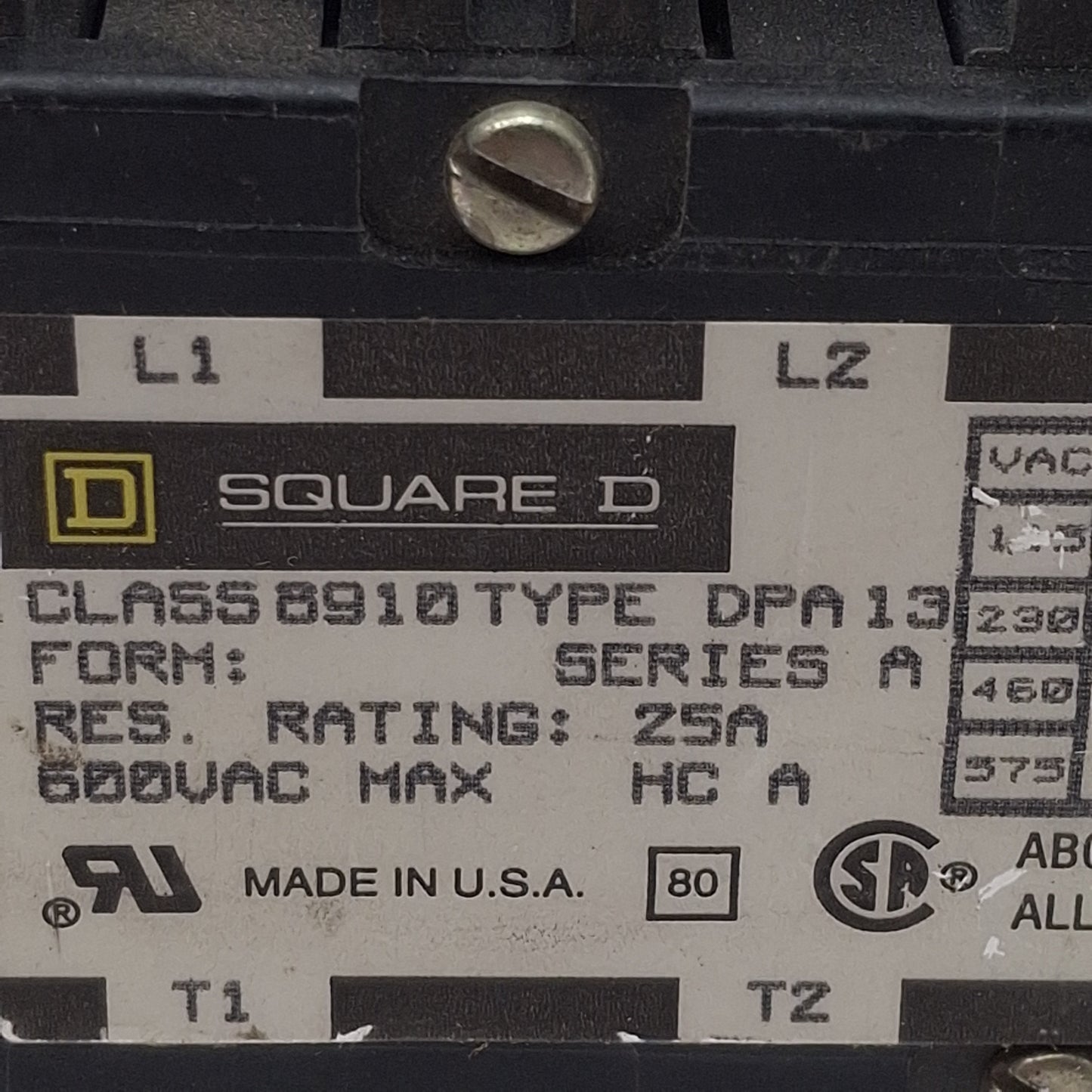 Used Square D 8190DPA13V02 Contactor, 3-Pole NO, 20A 600VAC, 110/120VAC Coil