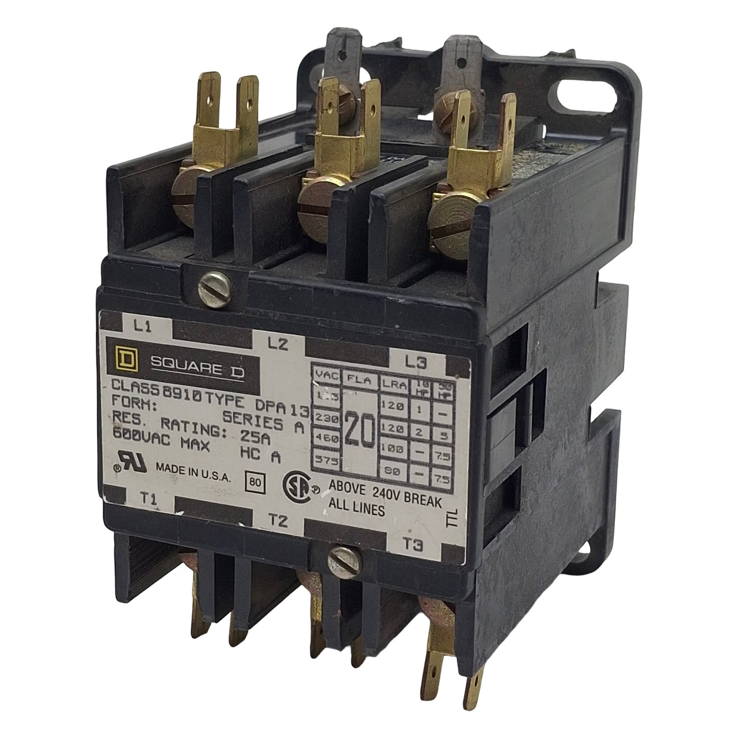 Used Square D 8190DPA13V02 Contactor, 3-Pole NO, 20A 600VAC, 110/120VAC Coil