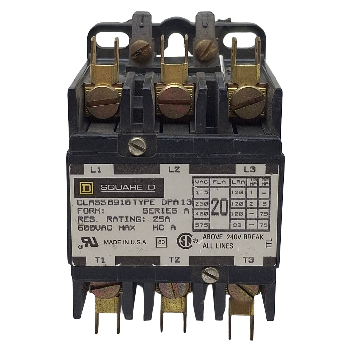 Used Square D 8190DPA13V02 Contactor, 3-Pole NO, 20A 600VAC, 110/120VAC Coil