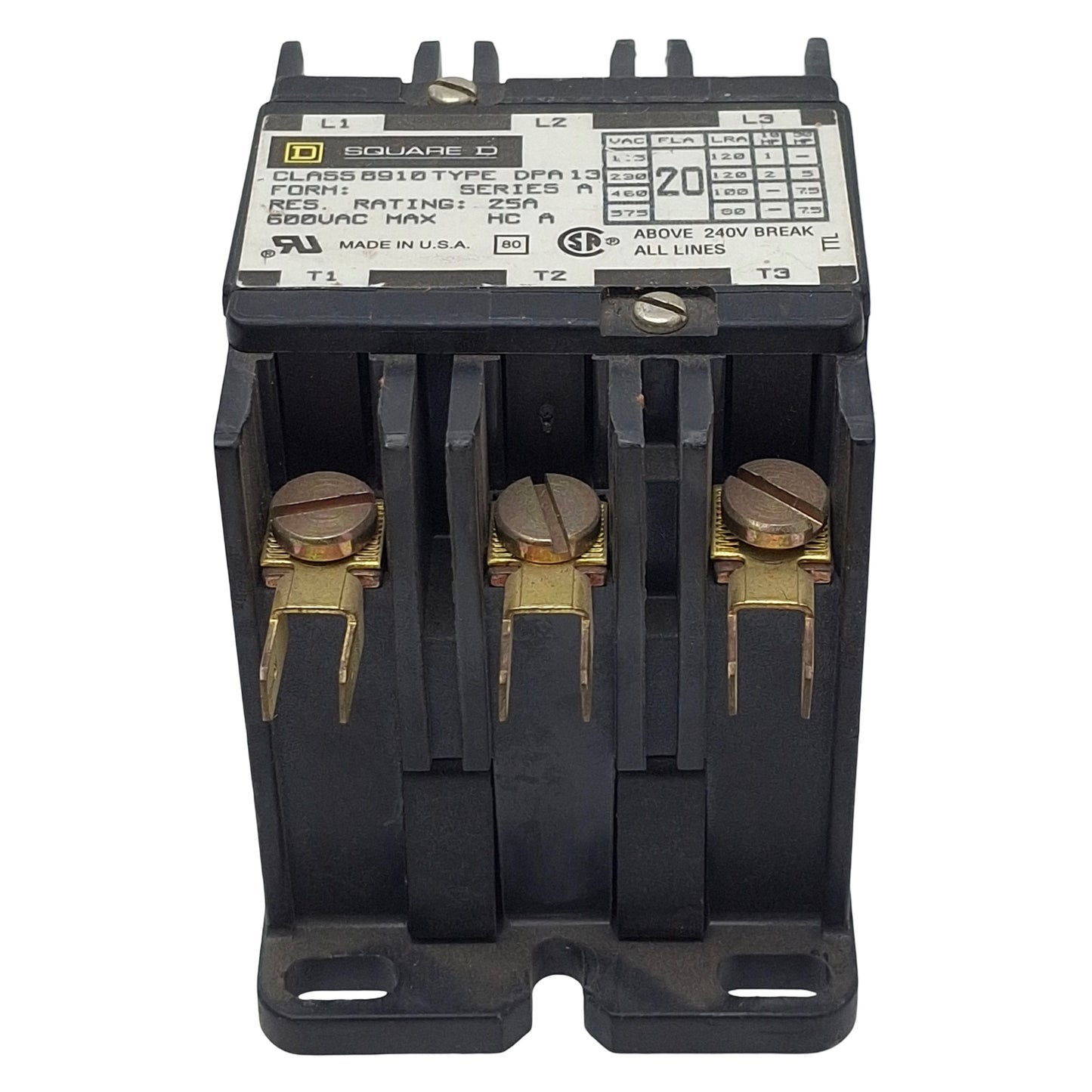 Used Square D 8190DPA13V02 Contactor, 3-Pole NO, 20A 600VAC, 110/120VAC Coil