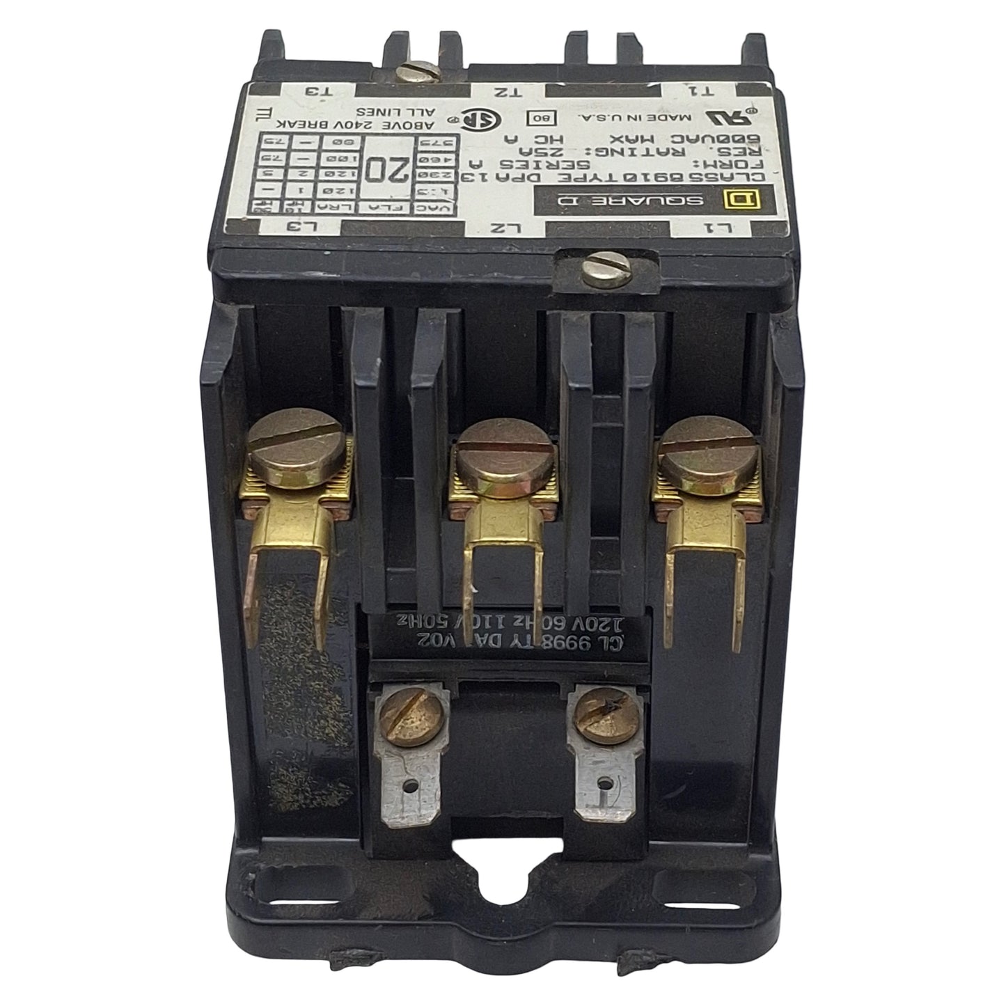 Used Square D 8190DPA13V02 Contactor, 3-Pole NO, 20A 600VAC, 110/120VAC Coil