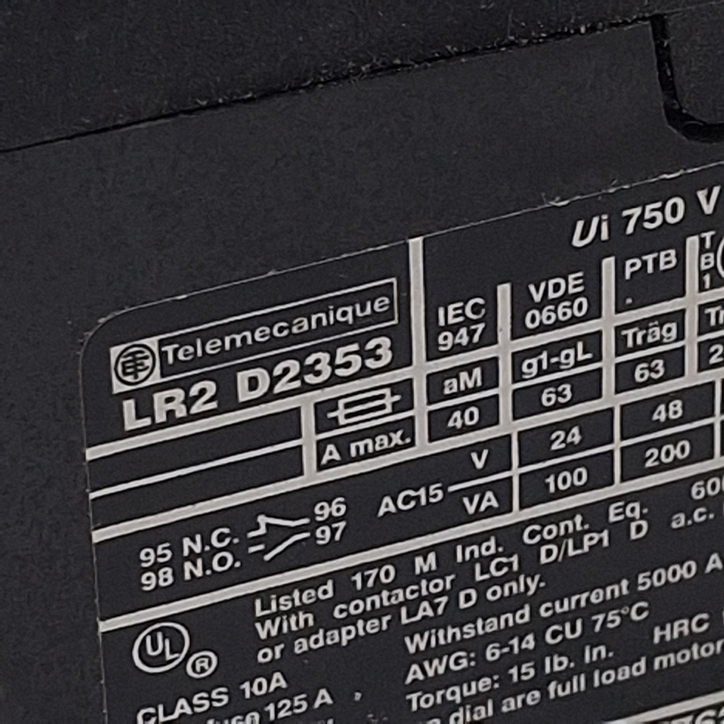 Used Telemecanique LR2D2353 Thermal Overload Relay, 3-Pole 1NO+1NC, 23-32A, 600VAC
