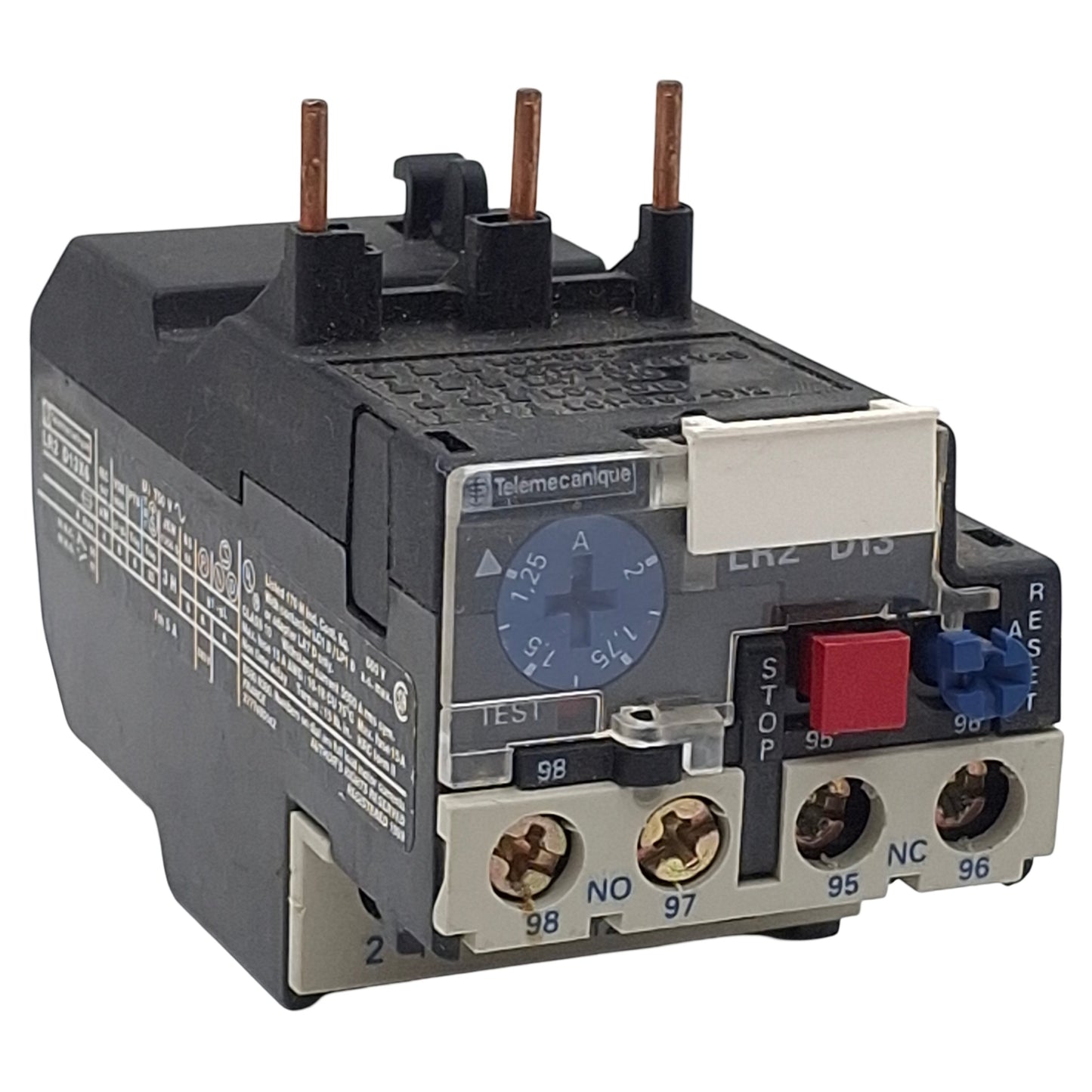 Used Telemecanique LR2D13X6 Thermal Overload Relay, 3-Pole 1NC+1NO, 1.25-2A, 600VAC