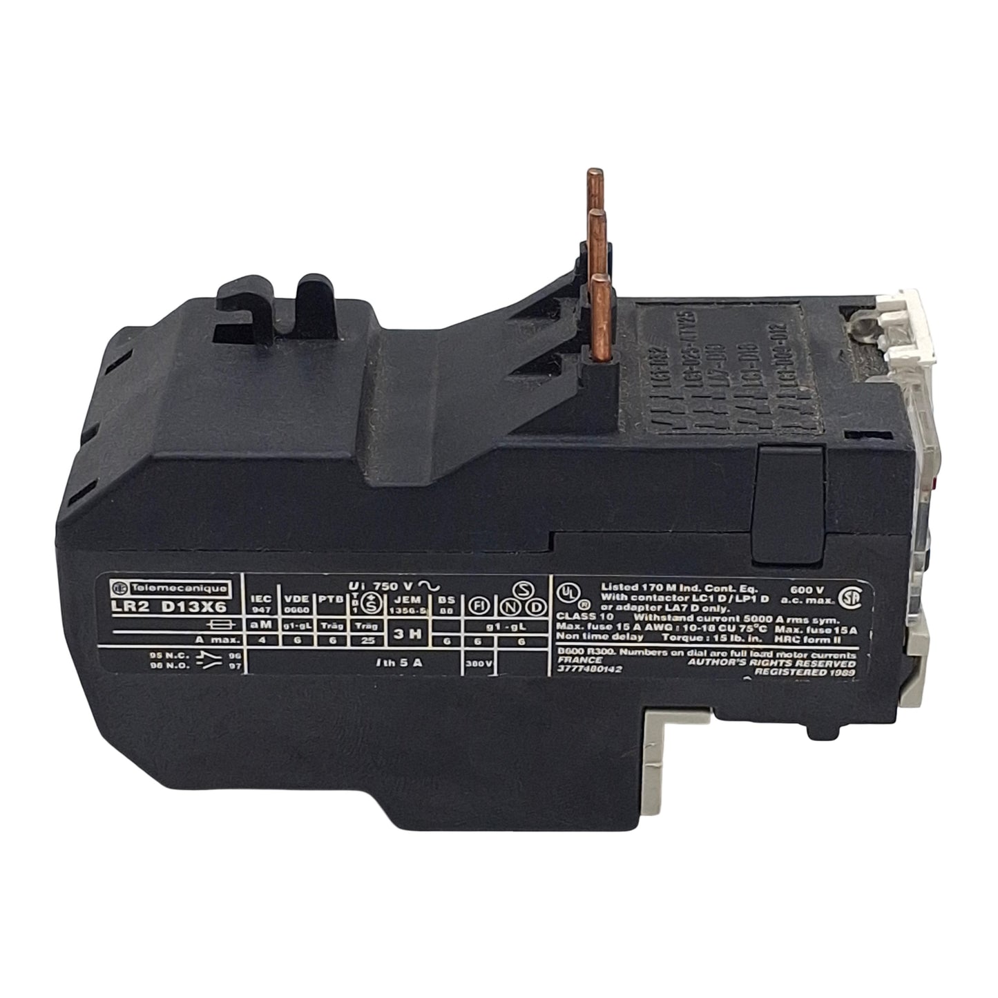 Used Telemecanique LR2D13X6 Thermal Overload Relay, 3-Pole 1NC+1NO, 1.25-2A, 600VAC