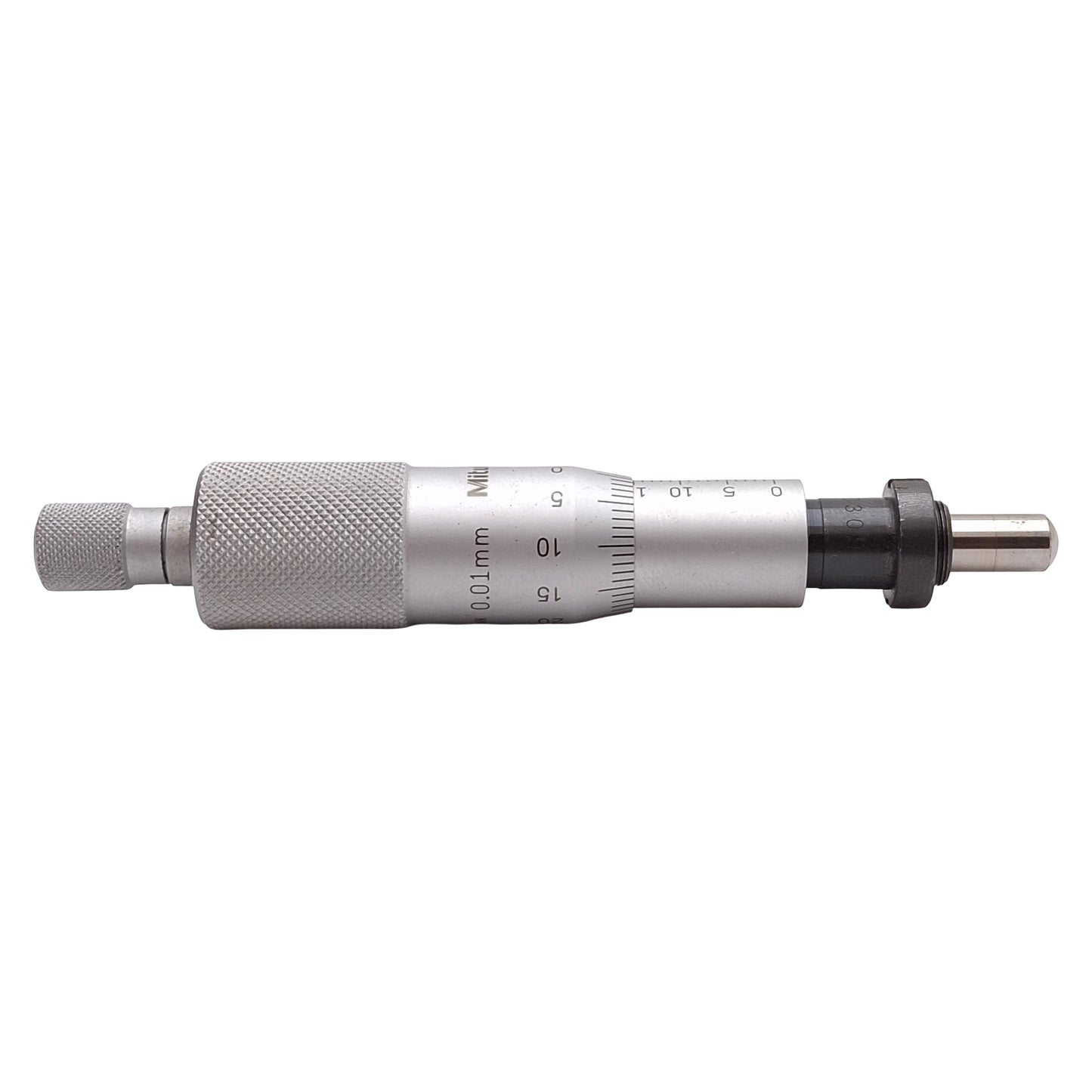 Used Mitutoyo 150-802 Ratchet Micrometer Head w/ Clamp Nut, 0-25mm Range, 0.01mm Grad