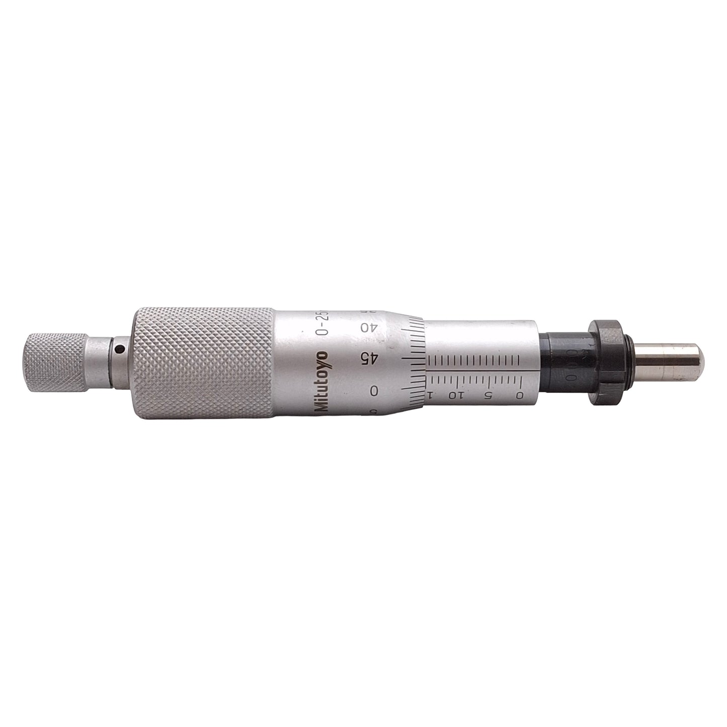 Used Mitutoyo 150-802 Ratchet Micrometer Head w/ Clamp Nut, 0-25mm Range, 0.01mm Grad