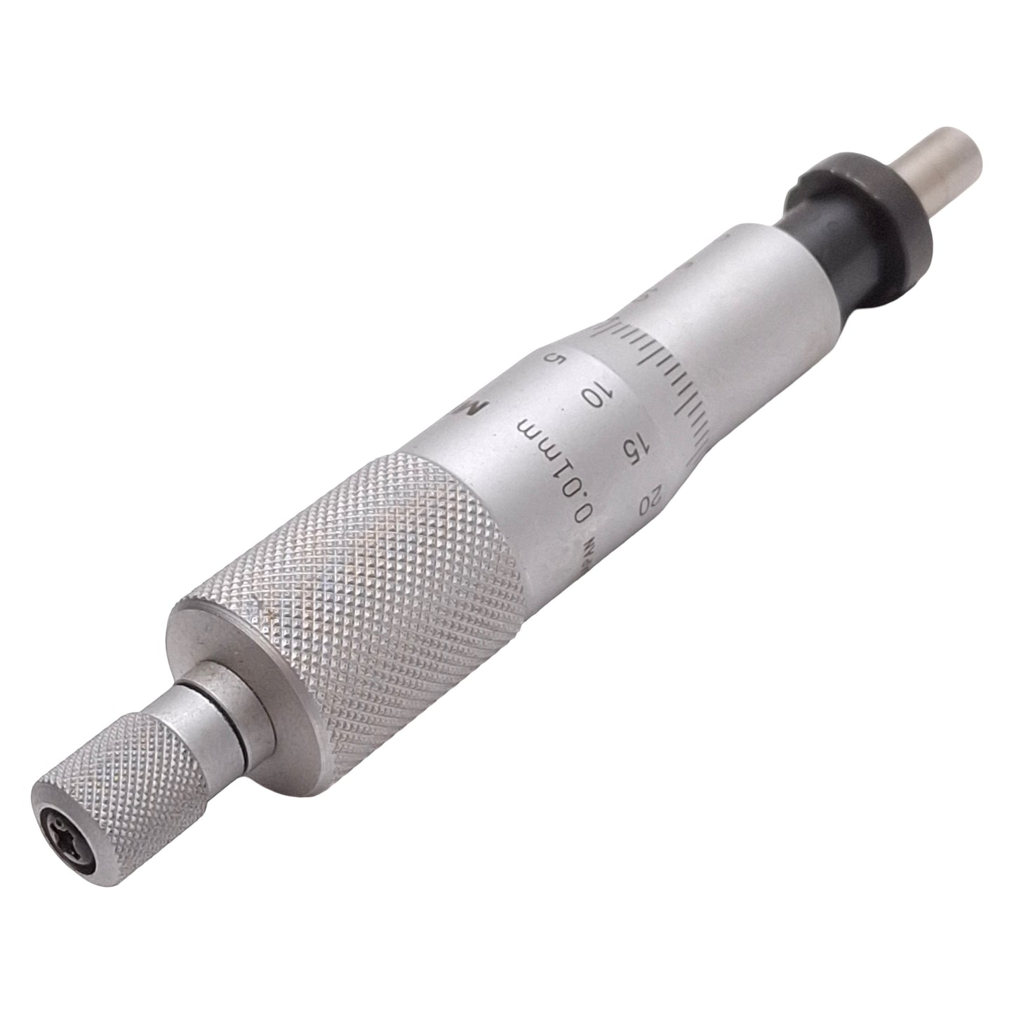 Used Mitutoyo 150-802 Ratchet Micrometer Head w/ Clamp Nut, 0-25mm Range, 0.01mm Grad