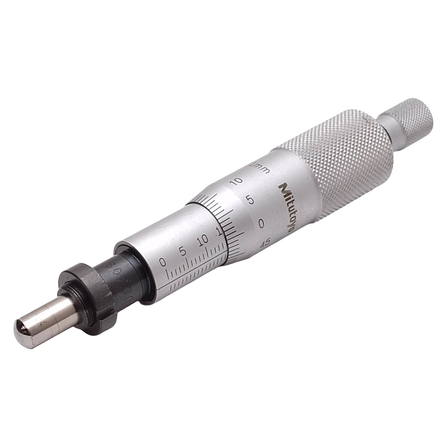 Used Mitutoyo 150-802 Ratchet Micrometer Head w/ Clamp Nut, 0-25mm Range, 0.01mm Grad