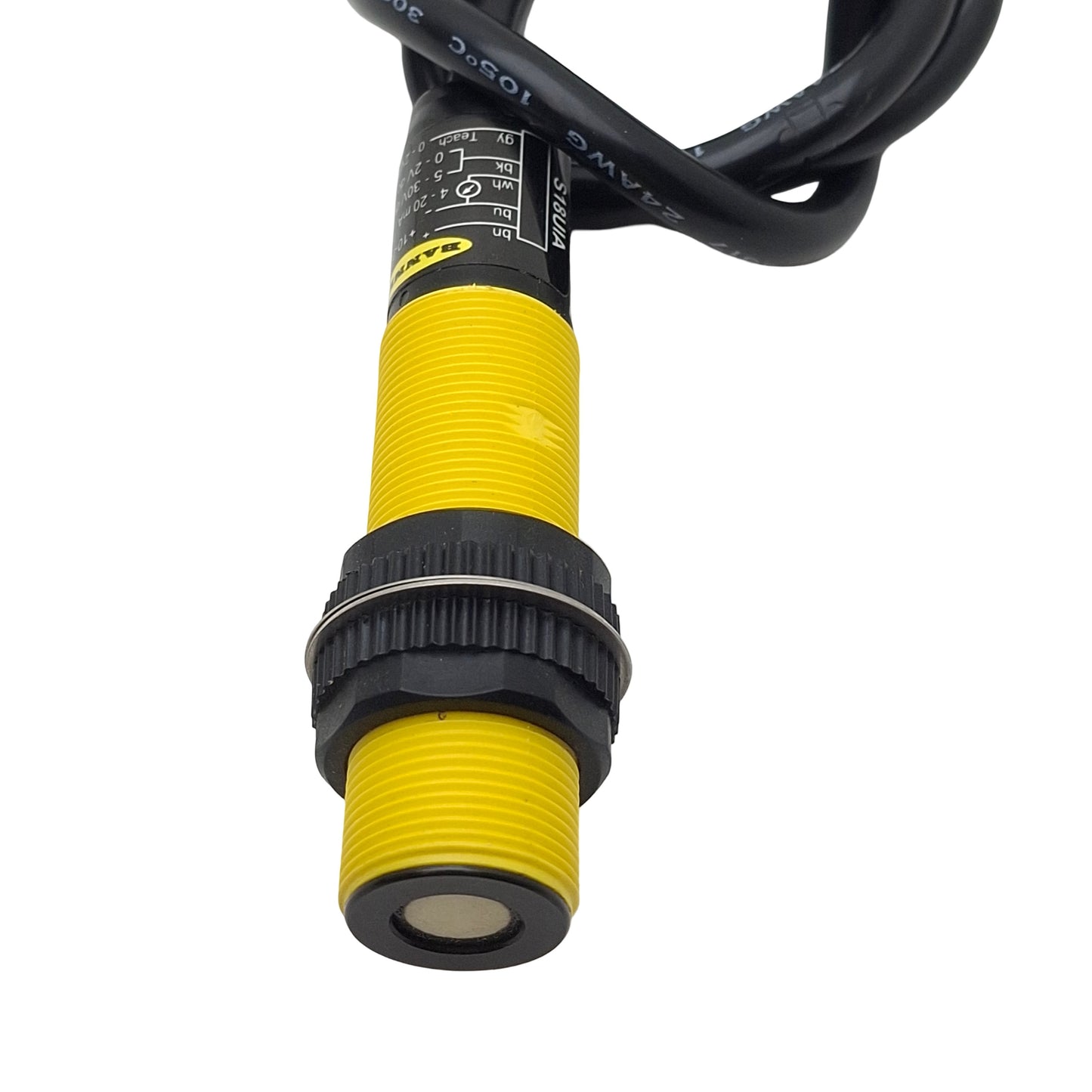 Used Banner S18UIA Ultrasonic Sensor, 30-300mm Range, 10-30VDC, 4-20mA, 5-Wire, 0.5m