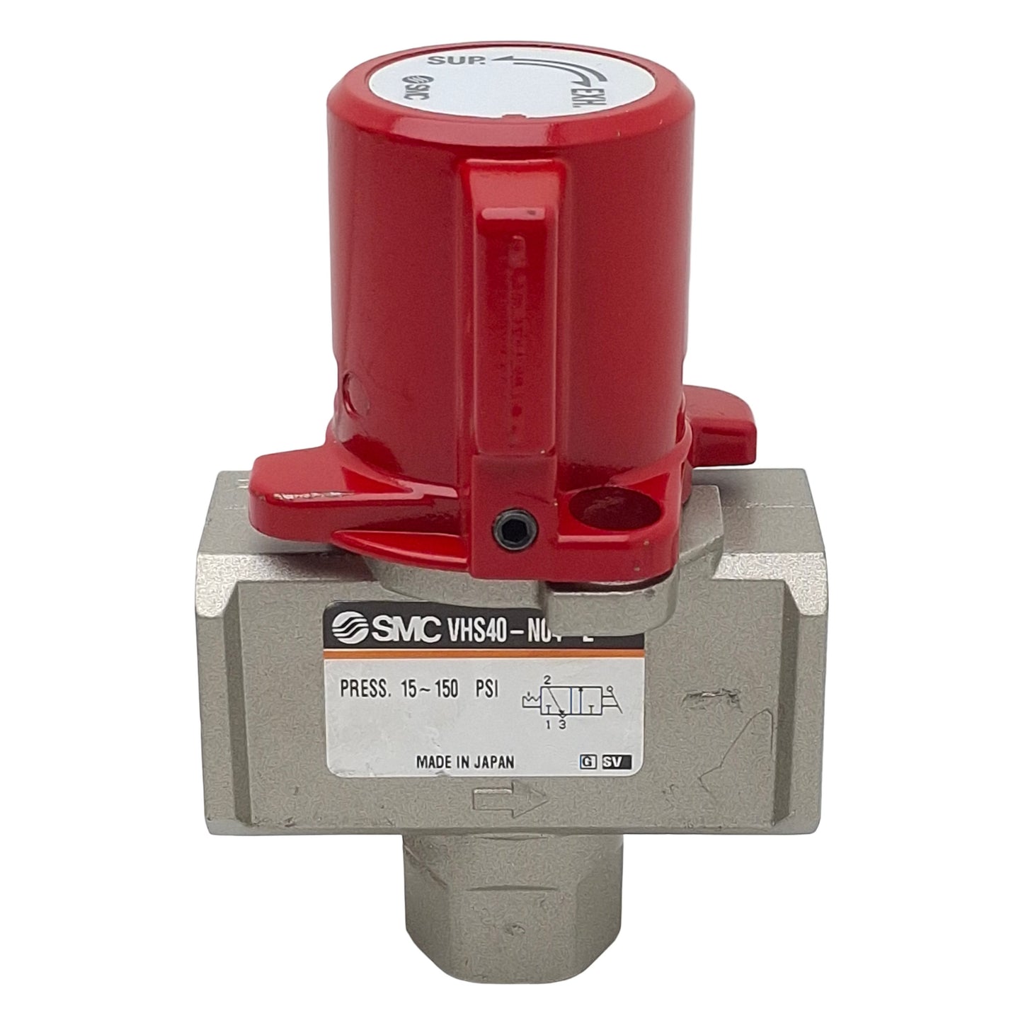 Used SMC VHS40-N04-Z Lockout Hand Valve, 3-Port, 1/2in NPT x 3/8in NPT, 15-150psi