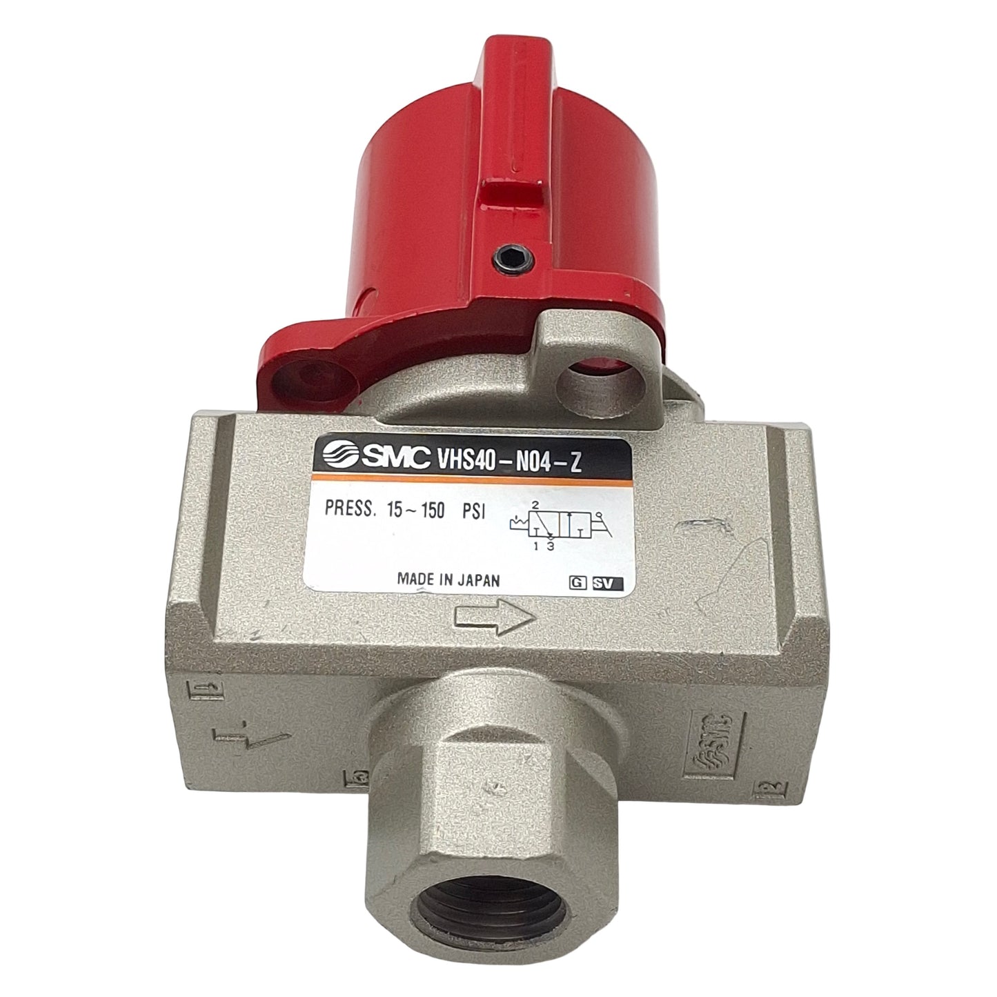 Used SMC VHS40-N04-Z Lockout Hand Valve, 3-Port, 1/2in NPT x 3/8in NPT, 15-150psi
