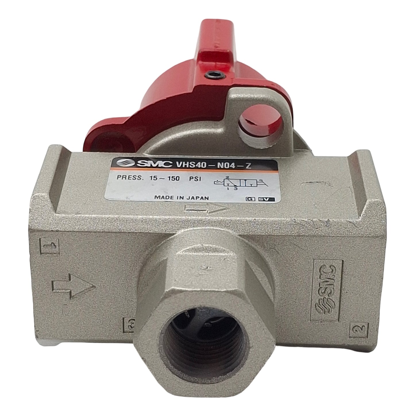 Used SMC VHS40-N04-Z Lockout Hand Valve, 3-Port, 1/2in NPT x 3/8in NPT, 15-150psi
