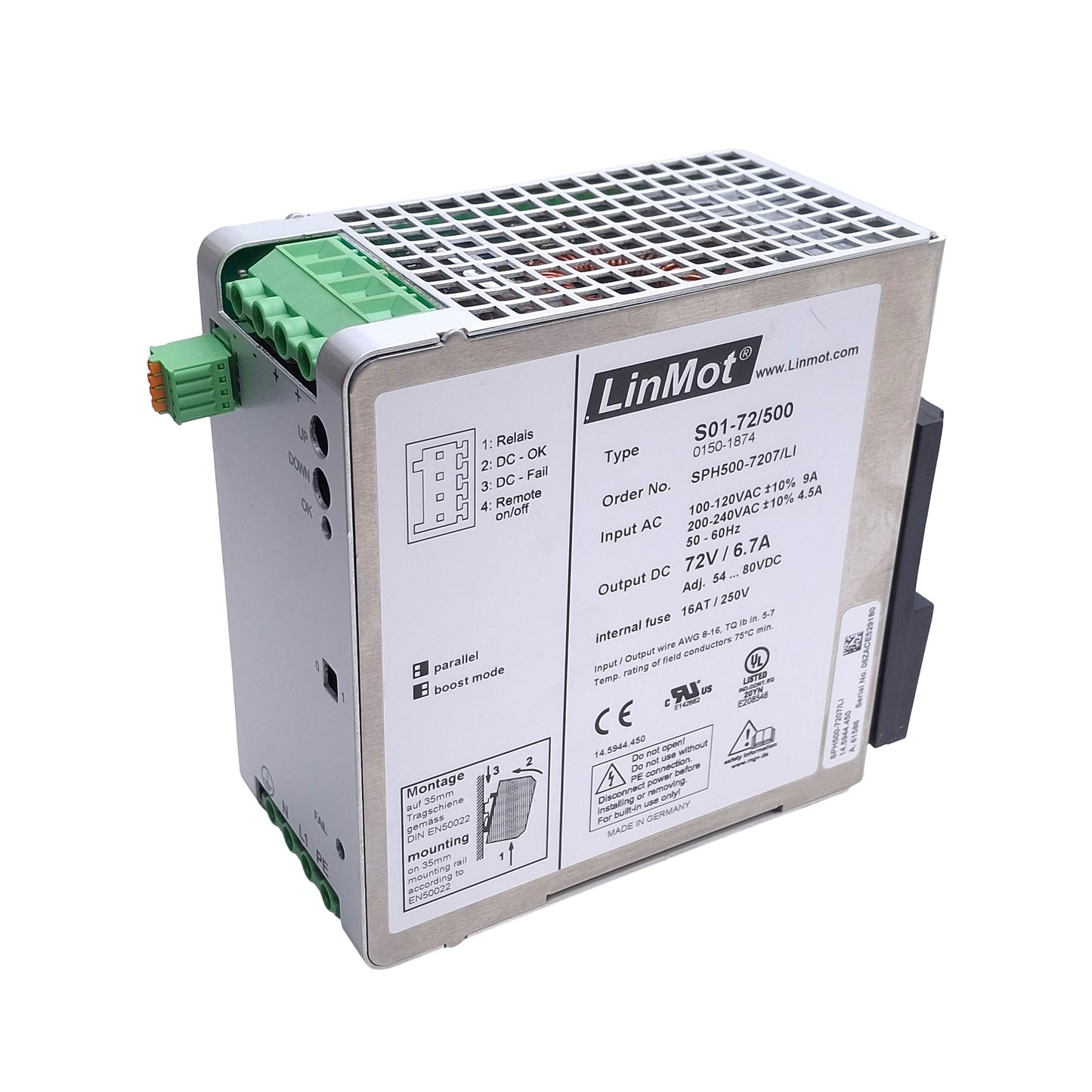 Used Linmot S01-72/500 Servo Drive Power Supply, 100-120/200-240 In, 72VDC 6.7A Out
