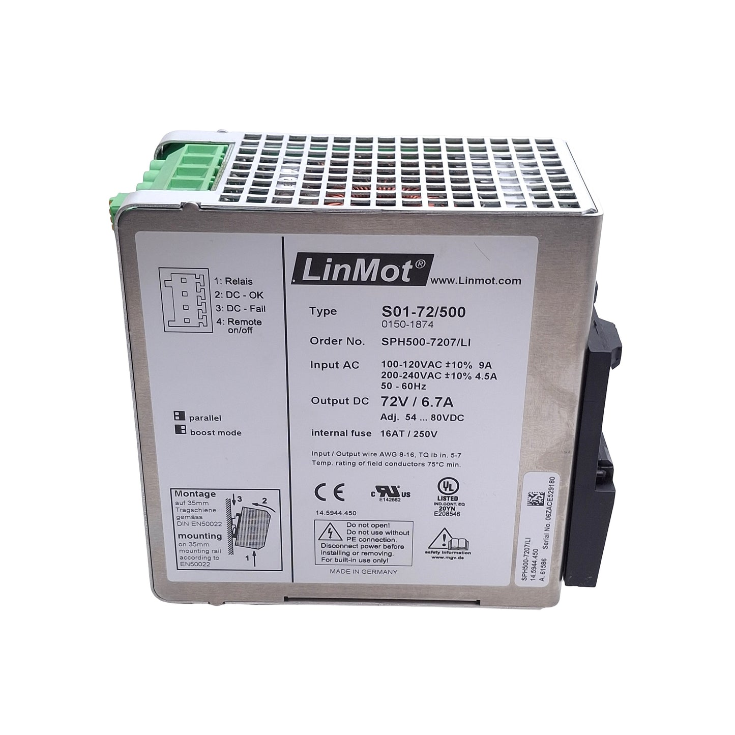Used Linmot S01-72/500 Servo Drive Power Supply, 100-120/200-240 In, 72VDC 6.7A Out