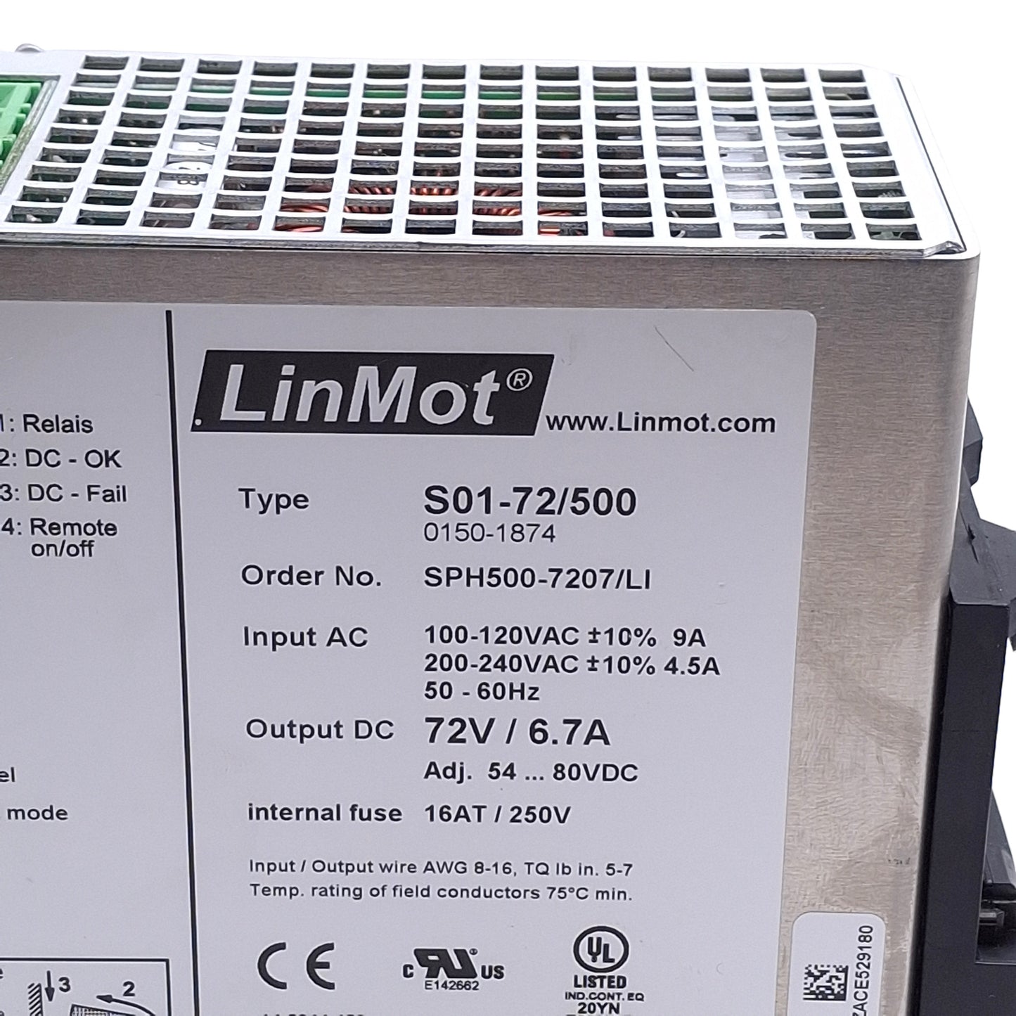 Used Linmot S01-72/500 Servo Drive Power Supply, 100-120/200-240 In, 72VDC 6.7A Out