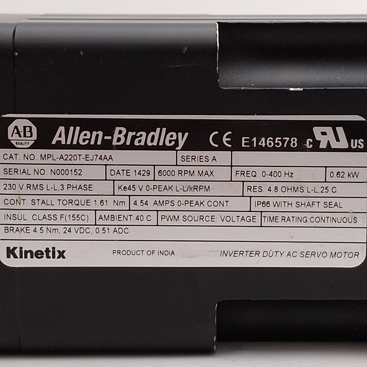 Used Allen Bradley MPL-A220T-EJ74AA Servo Motor, 0.62kW 3Ø 230VAC 1.61Nm, 70mm Flange