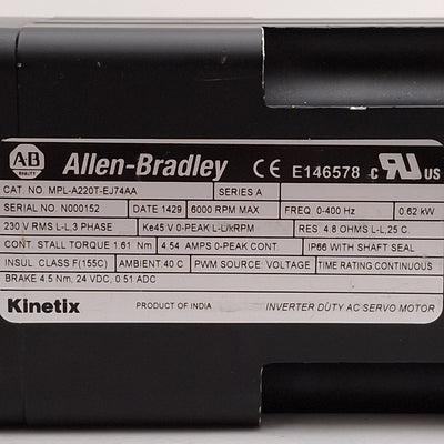 Used Allen Bradley MPL-A220T-EJ74AA Servo Motor, 0.62kW 3Ø 230VAC 1.61Nm, 70mm Flange
