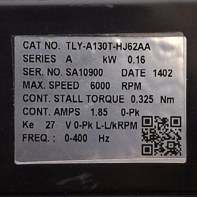 Used Allen Bradley TLY-A130T-HJ62AA Servo Motor, 0.16kW, 3Ø 230VAC 1.55A, 40mm Flange