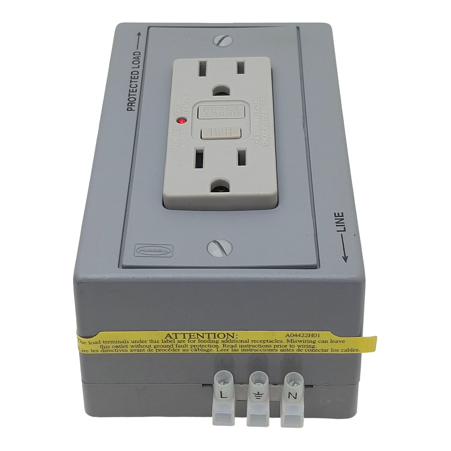 Used Hubbell DRUBGFI15AC DIN Rail Utility Box w/ Outlet, 2-Pole, 3-Wire, 15A 125VAC
