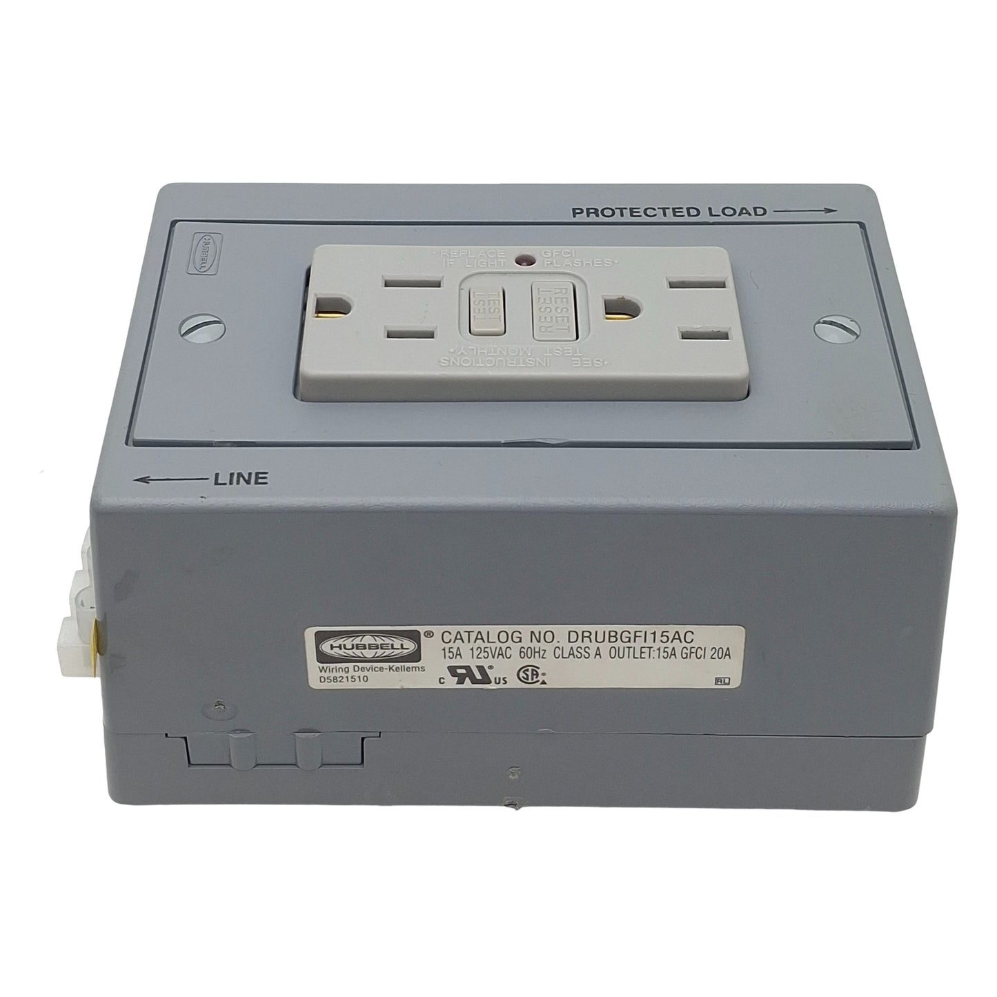 Used Hubbell DRUBGFI15AC DIN Rail Utility Box w/ Outlet, 2-Pole, 3-Wire, 15A 125VAC