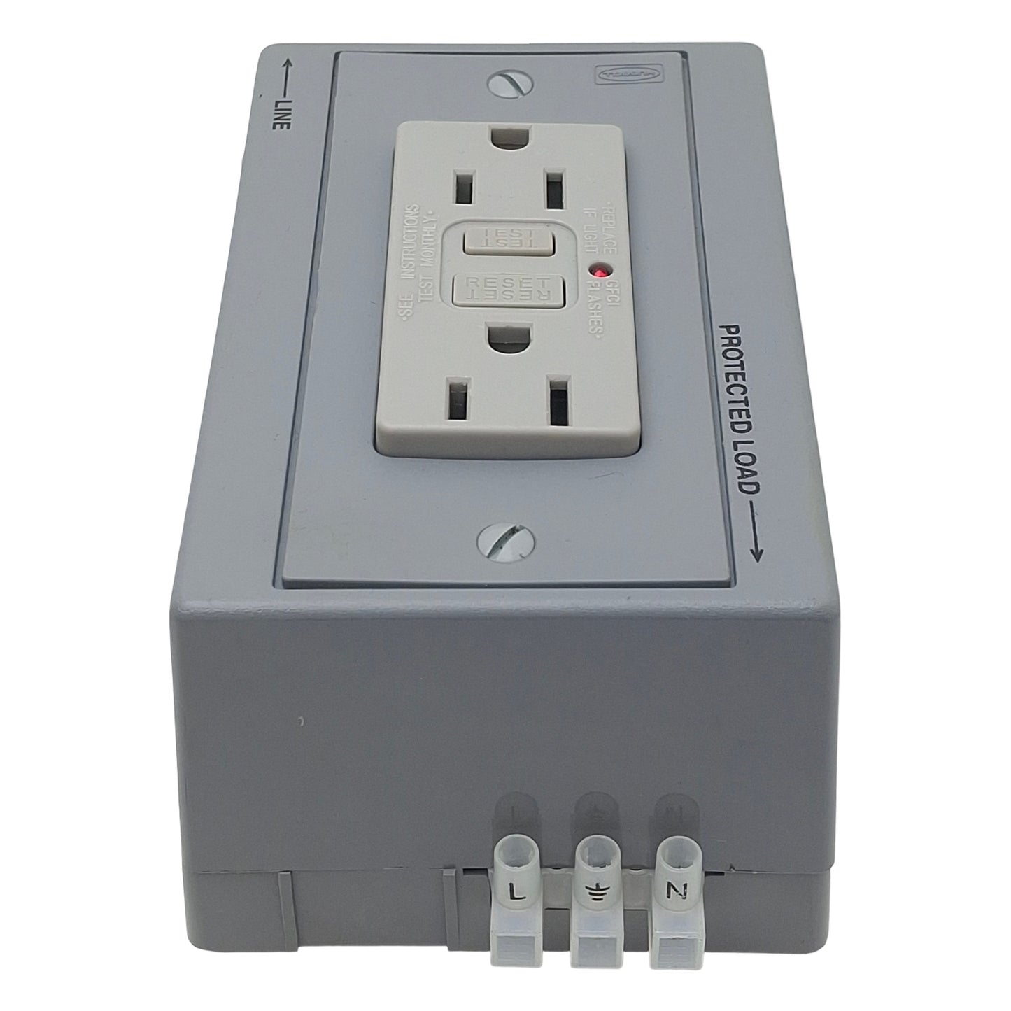Used Hubbell DRUBGFI15AC DIN Rail Utility Box w/ Outlet, 2-Pole, 3-Wire, 15A 125VAC
