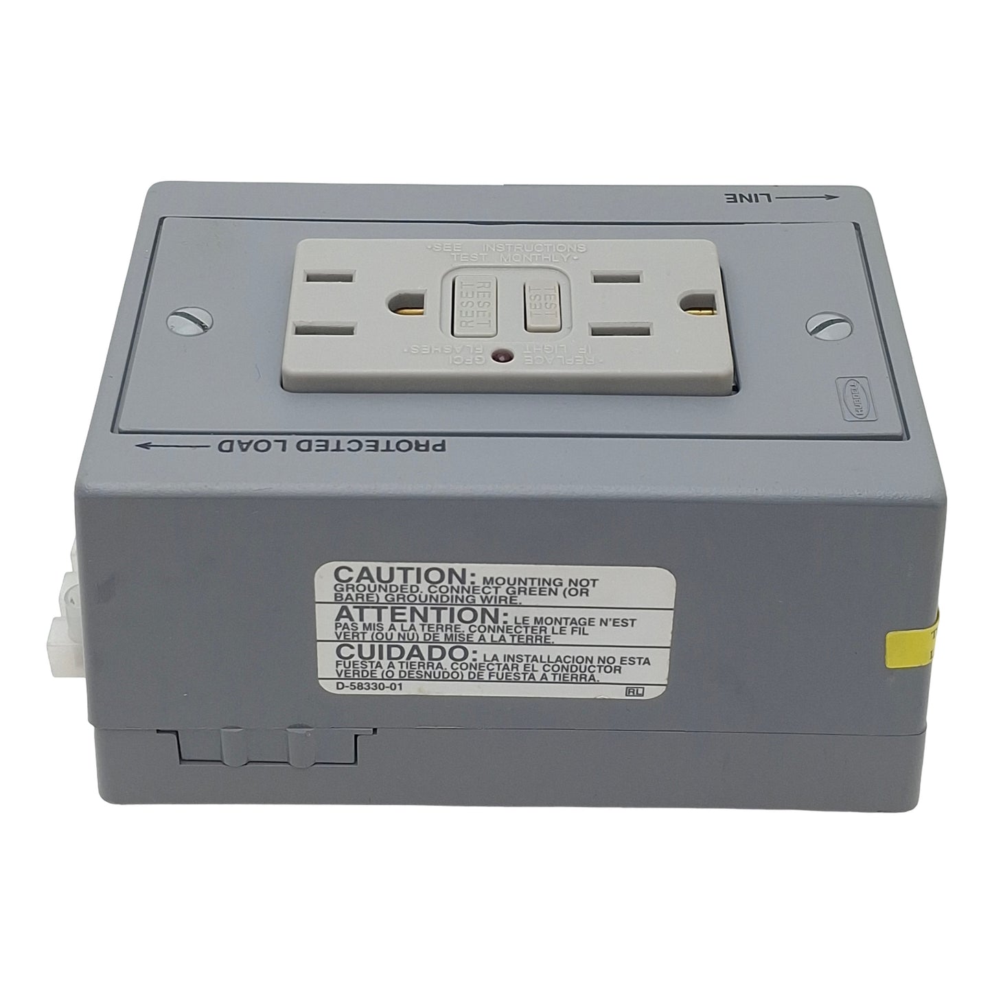 Used Hubbell DRUBGFI15AC DIN Rail Utility Box w/ Outlet, 2-Pole, 3-Wire, 15A 125VAC
