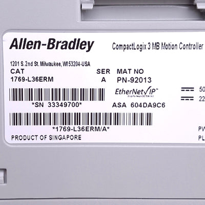 Used Allen Bradley 1769-L36ERM CompactLogix Motion Controller, EtherNet/IP, 24VDC