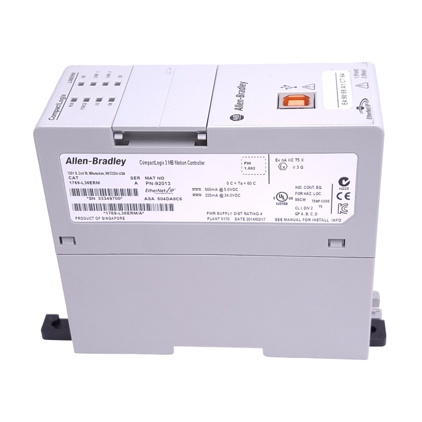 Used Allen Bradley 1769-L36ERM CompactLogix Motion Controller, EtherNet/IP, 24VDC