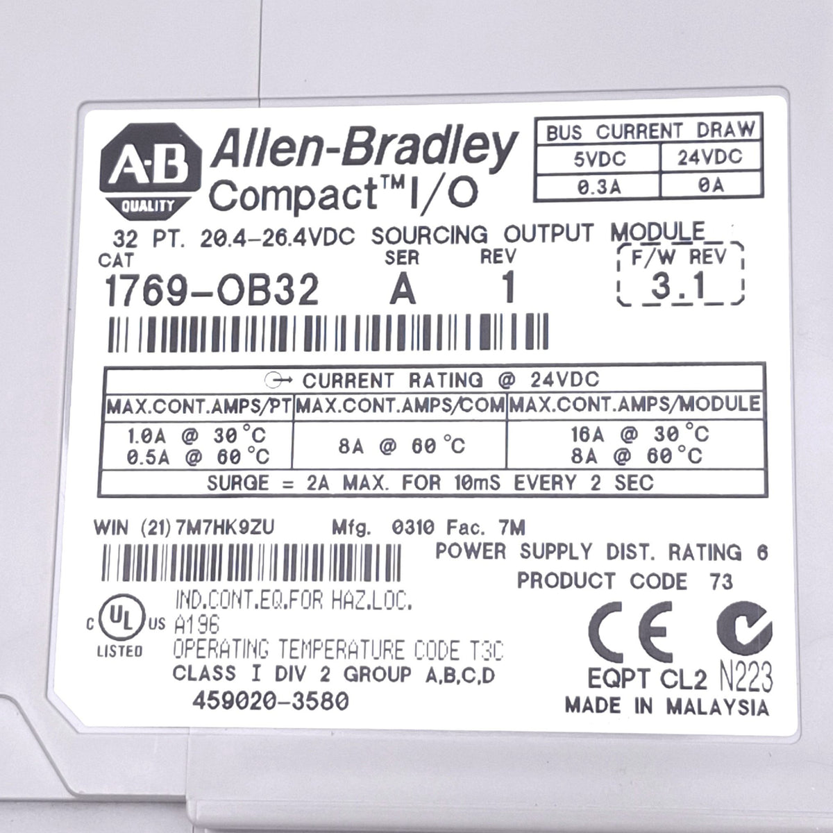 Used Allen Bradley 1769-OB32 CompactLogix Sourcing Output Module, 32-Point, 24VDC