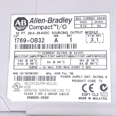 Used Allen Bradley 1769-OB32 CompactLogix Sourcing Output Module, 32-Point, 24VDC
