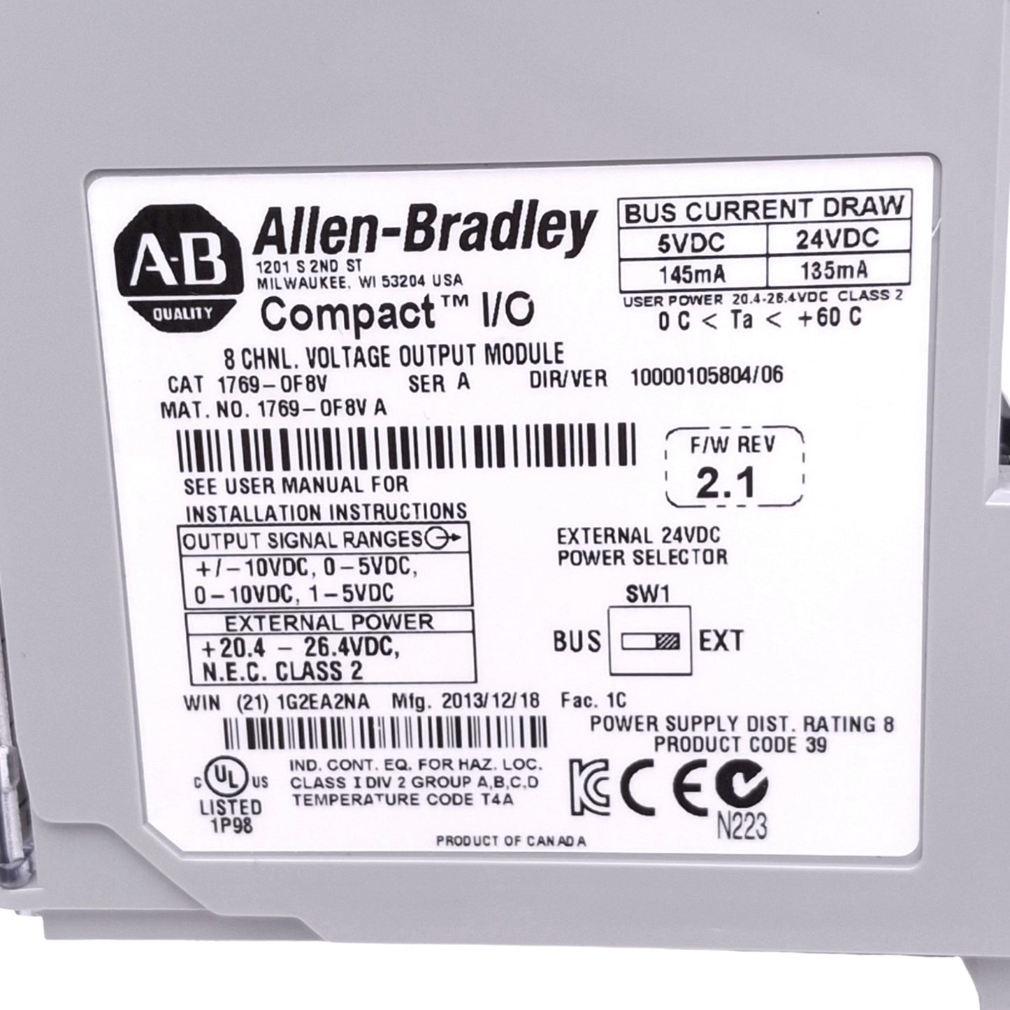 Used Allen Bradley 1769-OF8C CompactLogix Analog Output Module, 8-Channel, 24VDC