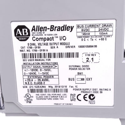 Used Allen Bradley 1769-OF8C CompactLogix Analog Output Module, 8-Channel, 24VDC