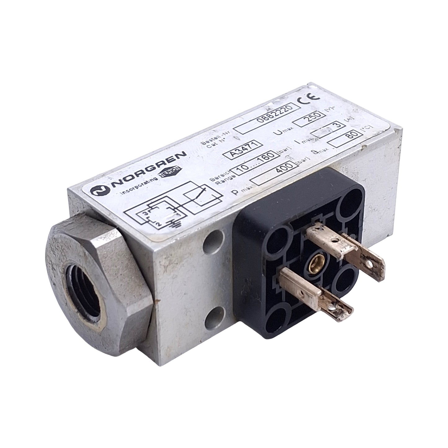 Used Norgren 0882220 Hydraulic Pressure Switch, SPST, 1/4in NPT, 10-160bar, 250VAC 3A