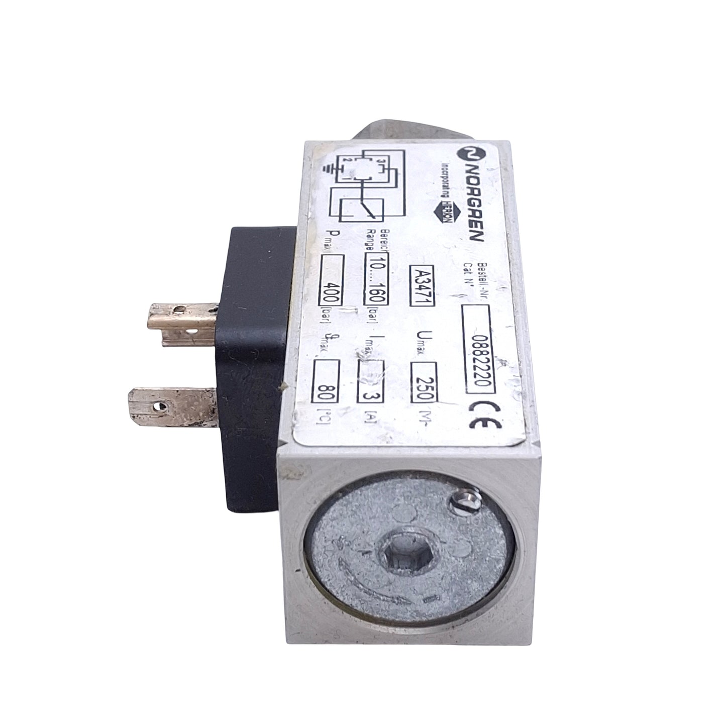 Used Norgren 0882220 Hydraulic Pressure Switch, SPST, 1/4in NPT, 10-160bar, 250VAC 3A