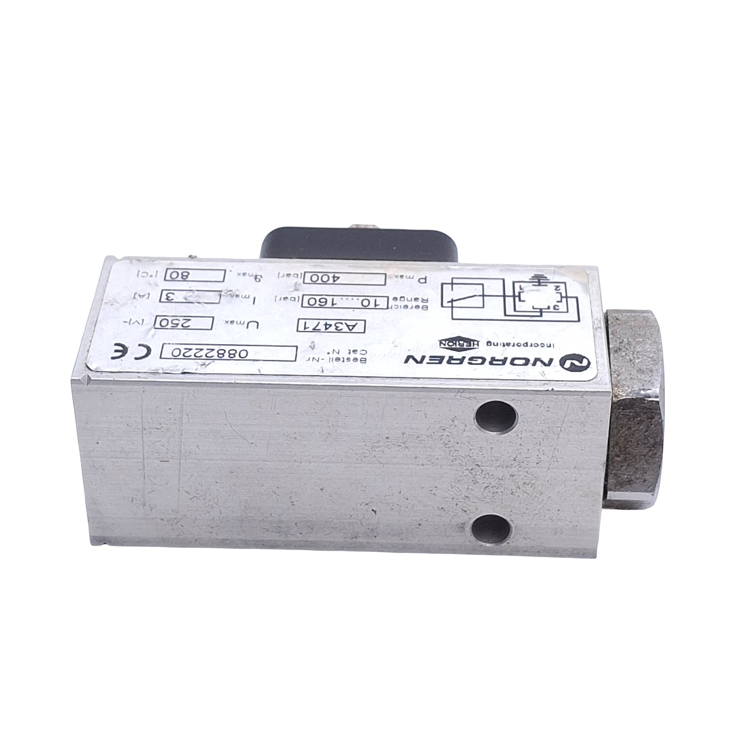Used Norgren 0882220 Hydraulic Pressure Switch, SPST, 1/4in NPT, 10-160bar, 250VAC 3A