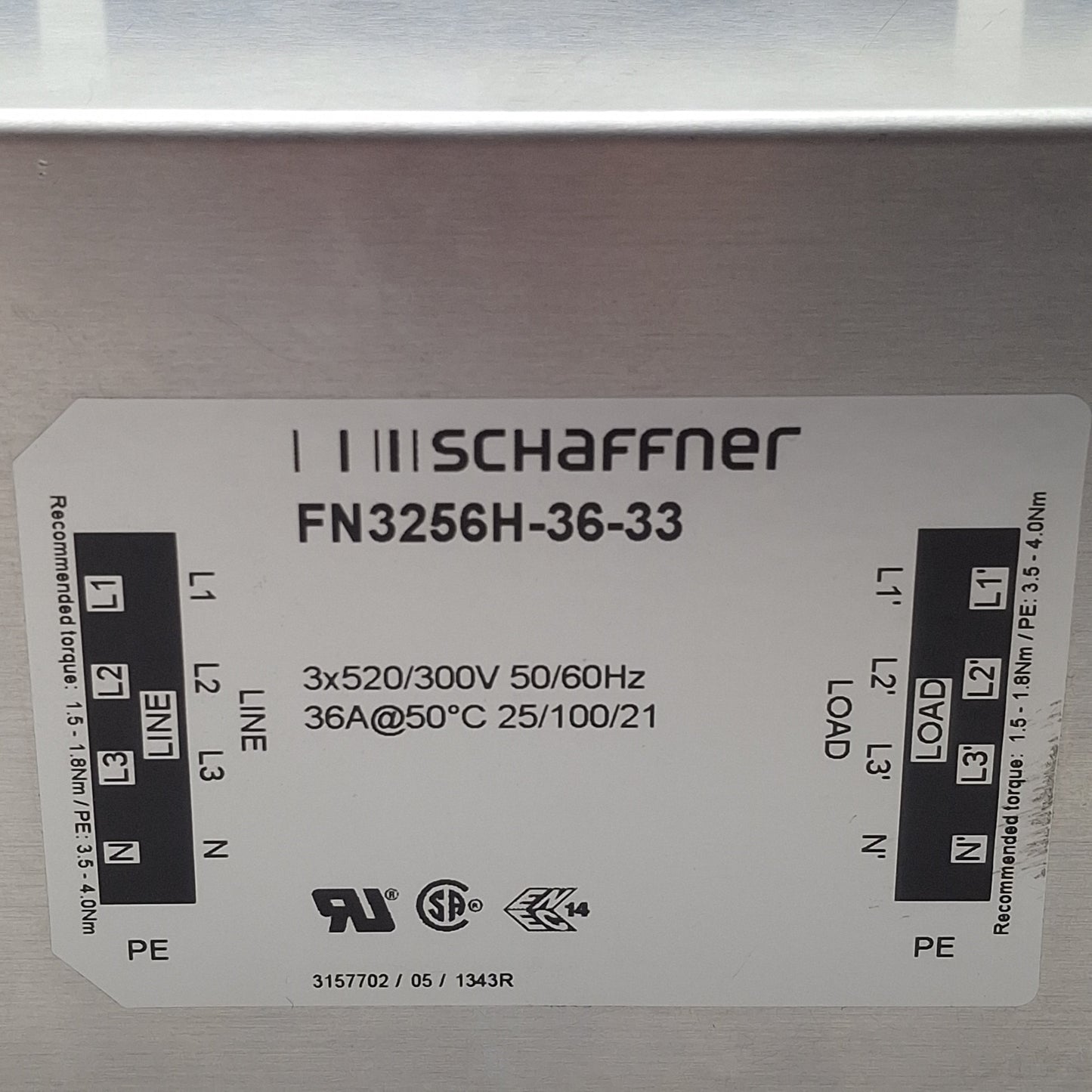 Used Schaffner FN3256H-36-33 Power 3-Phase Neutral Line Filter, 36A 3x520/300VAC