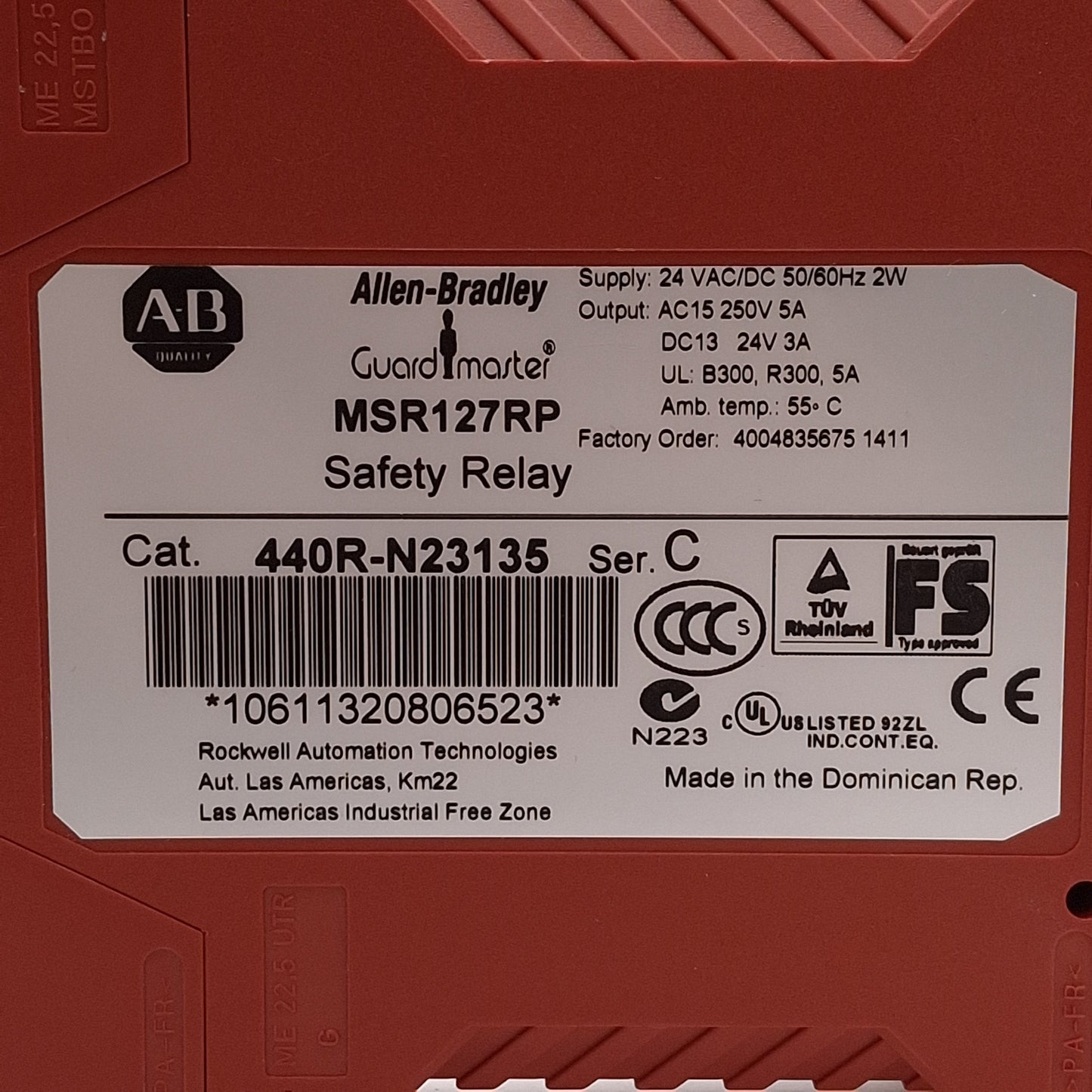 Used Allen Bradley 440R-N23135 Guardmaster Safety Relay, 3NO+1NC Aux, 24VAC/DC