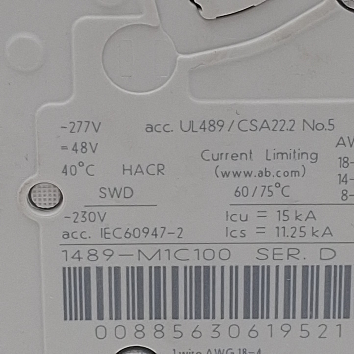 Used Allen Bradley 1489-M1C100 Circuit Breaker, 1-Pole, C-Curve, 10A 277VAC/48VDC