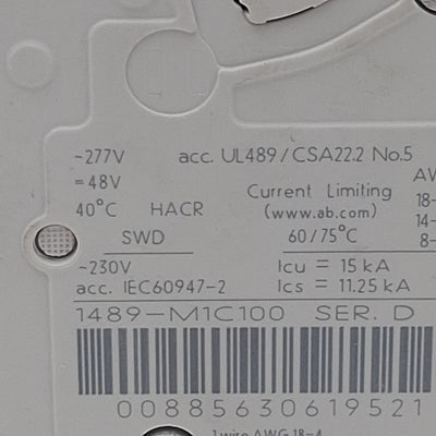 Used Allen Bradley 1489-M1C100 Circuit Breaker, 1-Pole, C-Curve, 10A 277VAC/48VDC