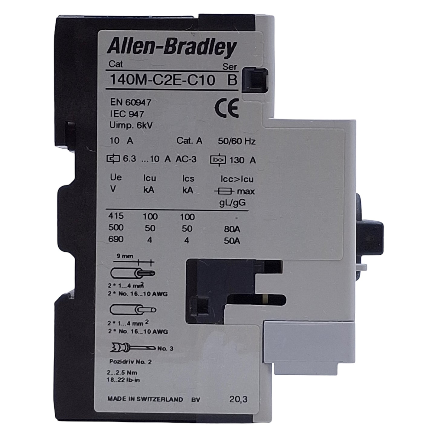 Used Allen Bradley 140M-C2E-C10 Motor Protector Circuit Breaker 3-Pole 6.3-10A W/ Aux