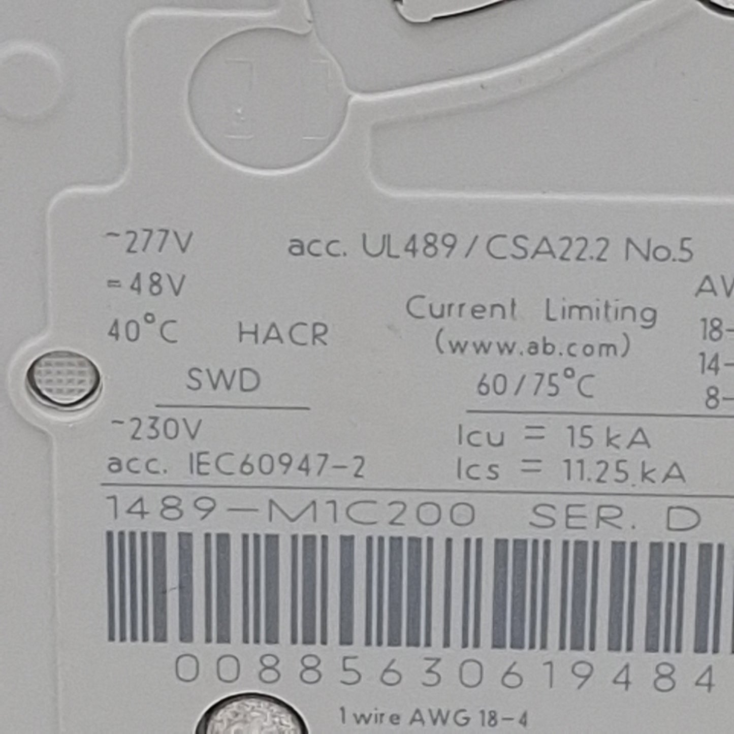 Used Allen Bradley 1489-M1C200 Circuit Breaker, 1-Pole, 20A 277VAC/48VDC, DIN Rail