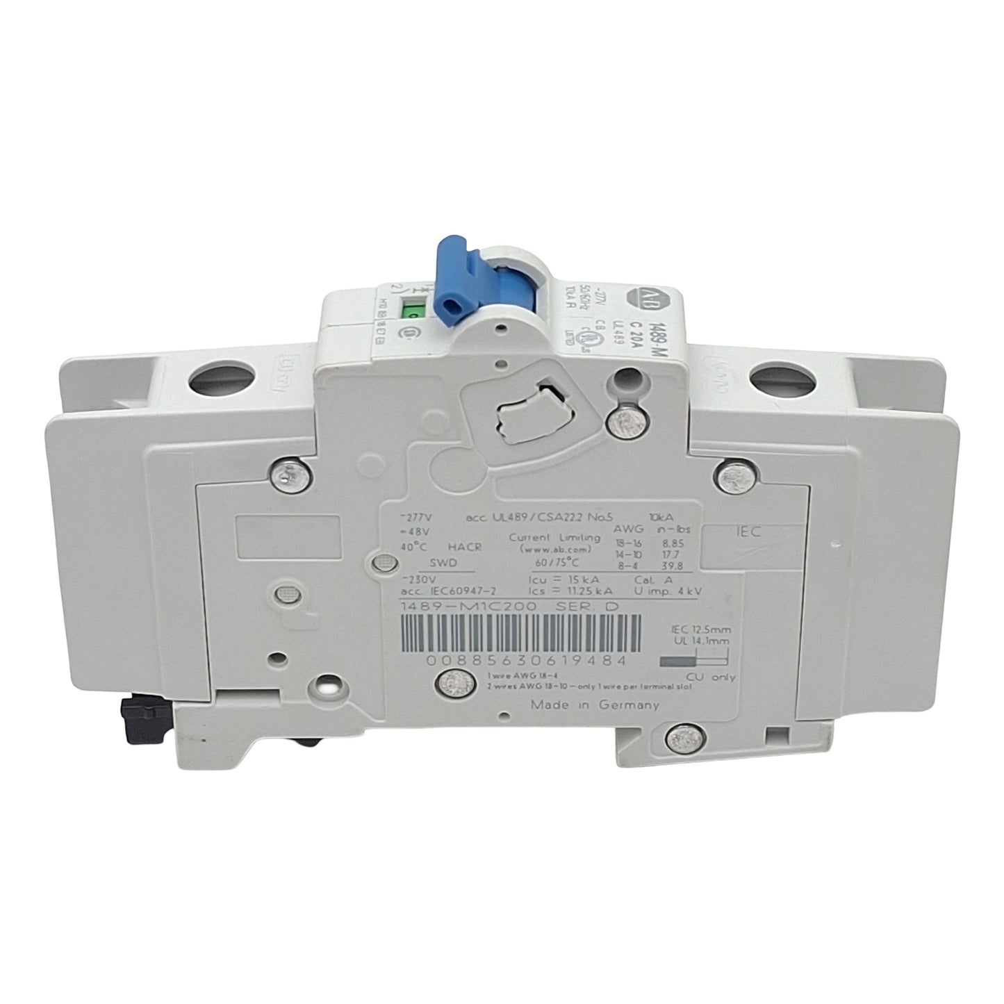 Used Allen Bradley 1489-M1C200 Circuit Breaker, 1-Pole, 20A 277VAC/48VDC, DIN Rail