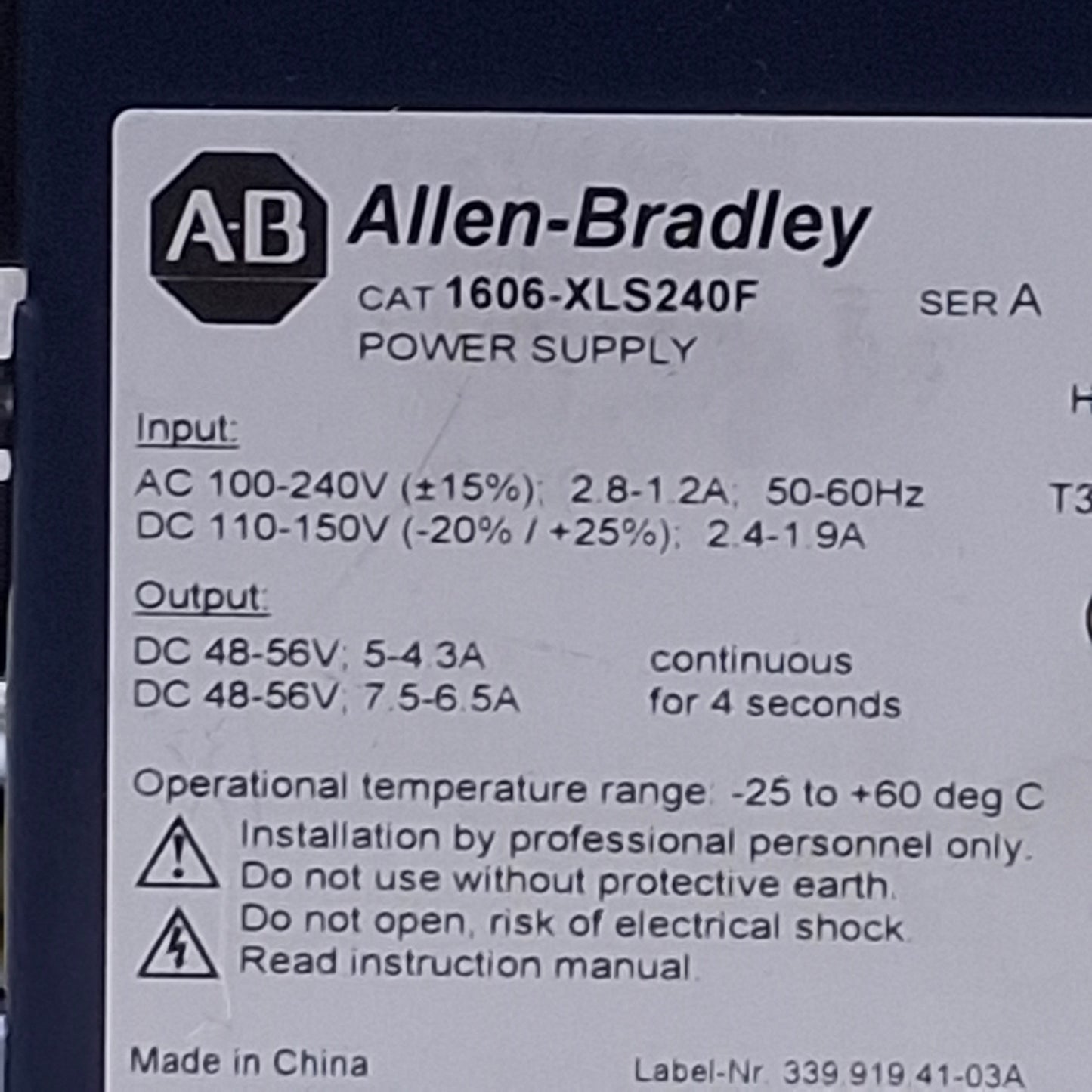 Used Allen Bradley 1606-XLS240F PLC Power Supply 240W, 48-56VDC Output, DIN Rail