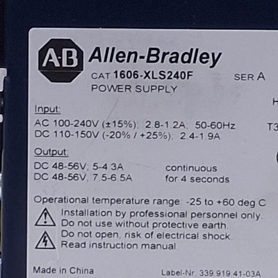 Used Allen Bradley 1606-XLS240F PLC Power Supply 240W, 48-56VDC Output, DIN Rail