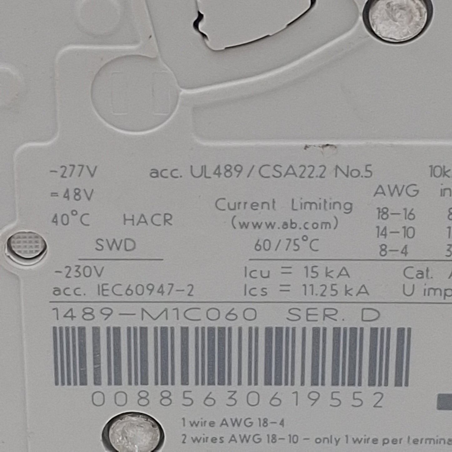 Used Allen Bradley 1489-M1C060 Circuit Breaker, 1-Pole, 6A 277VAC/48VDC, DIN Rail