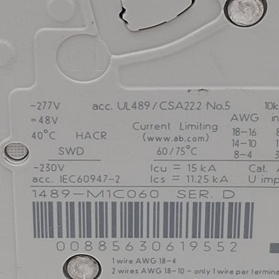 Used Allen Bradley 1489-M1C060 Circuit Breaker, 1-Pole, 6A 277VAC/48VDC, DIN Rail